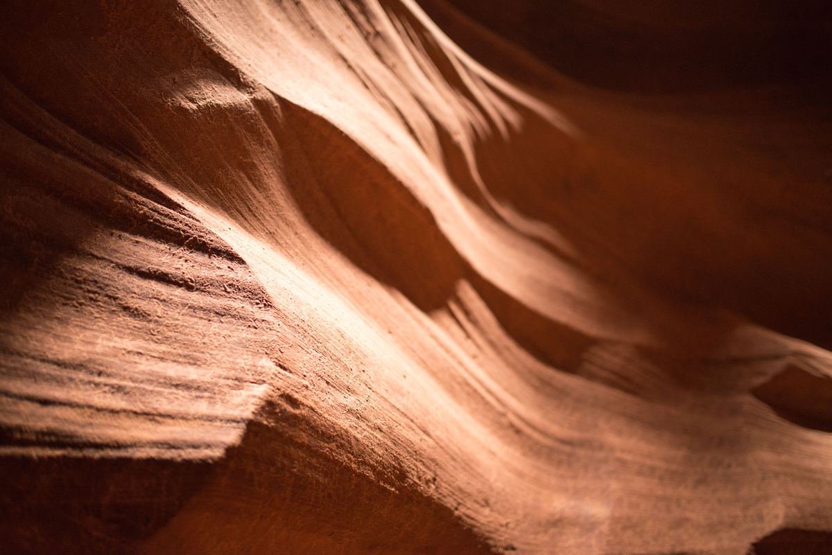Close view of smooth, curving orange sandstone canyon walls with warm light and deep shadows across the layered rock.