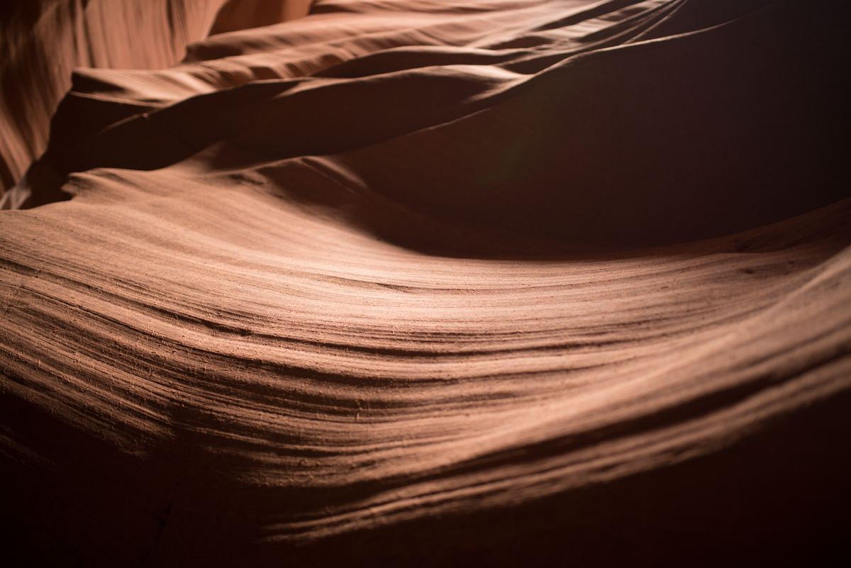 Close view of smooth, layered sandstone curves in warm orange and brown tones, lit softly against dark shadows inside a narrow canyon.